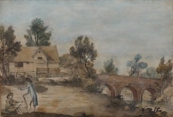 18th century, English School, ink and watercolour, Artist in a landscape, 12 x 17.5cm. Condition - fair